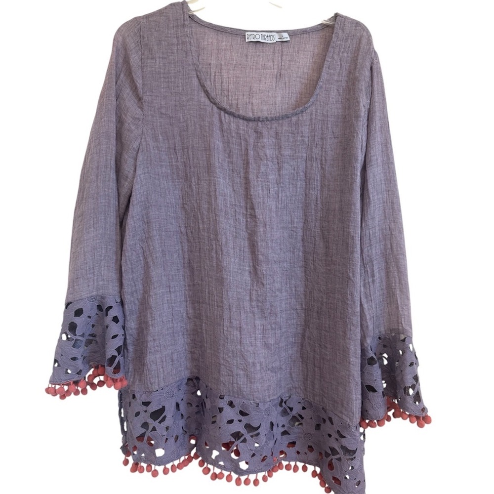 Retro Threads Women Lavender Eyelet Lace Pom Pom Trim Gauze Boho Top Large